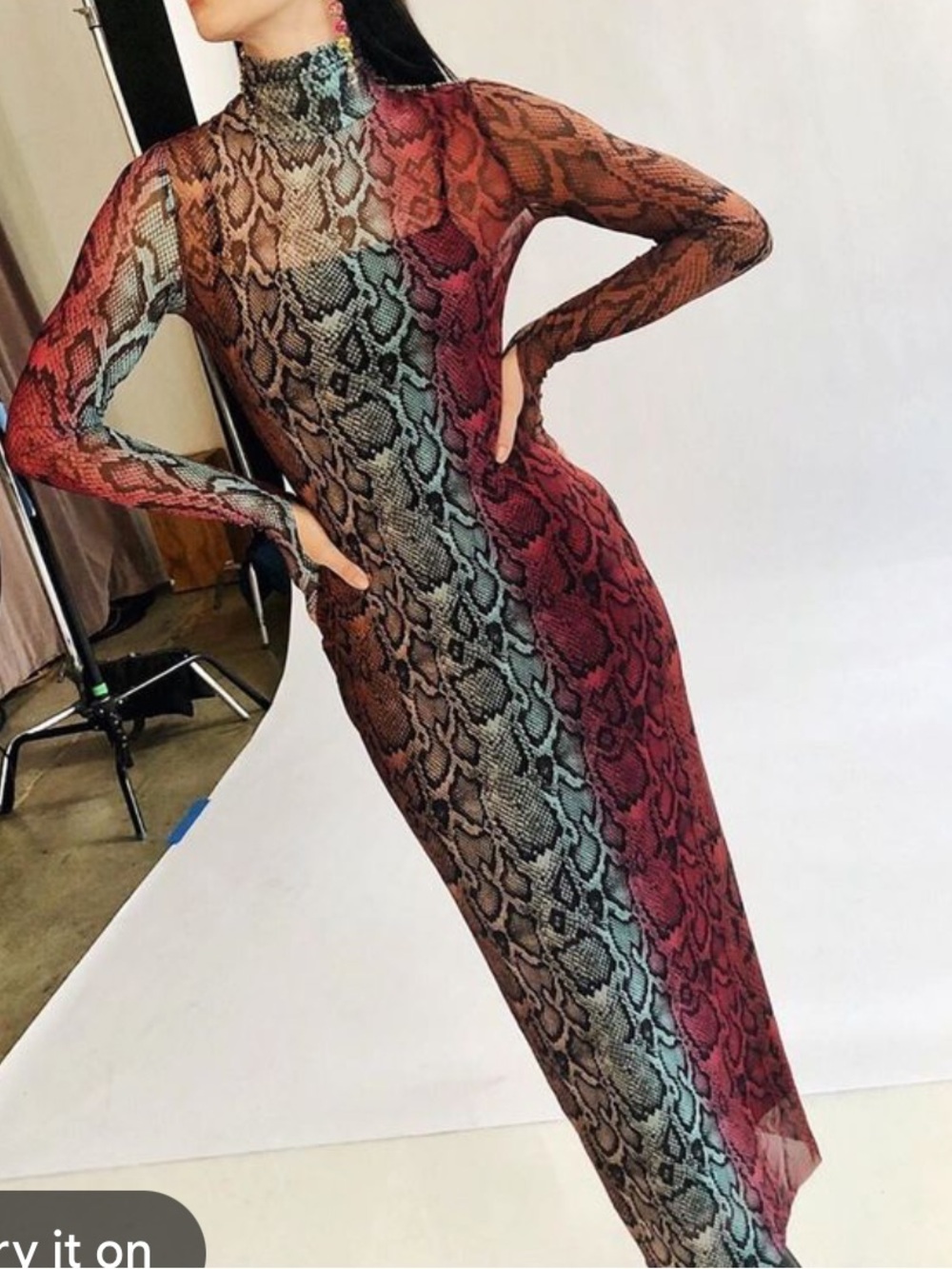 AFRM Shailene Mesh Maxi Dress, Snake Print, size XS, long sleeve (no slip)